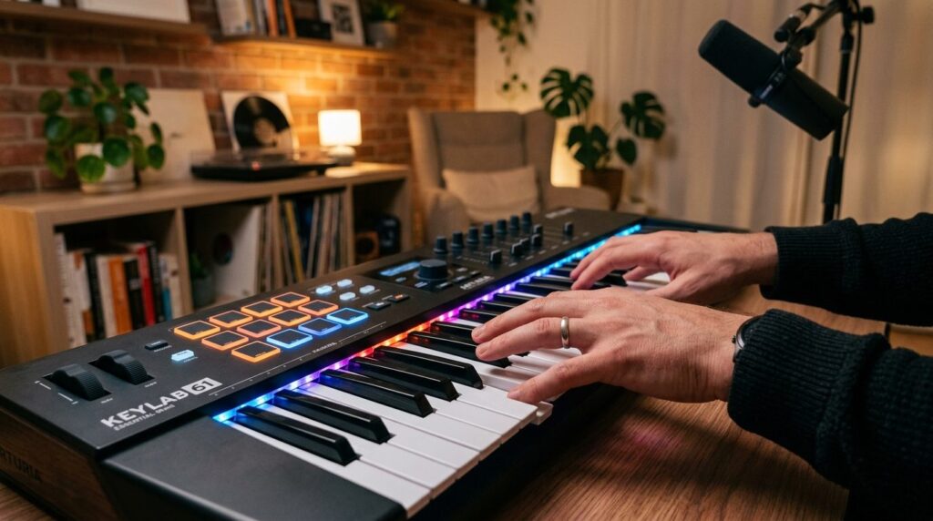 Close-up detail shot of hands playing a modern digital keybo