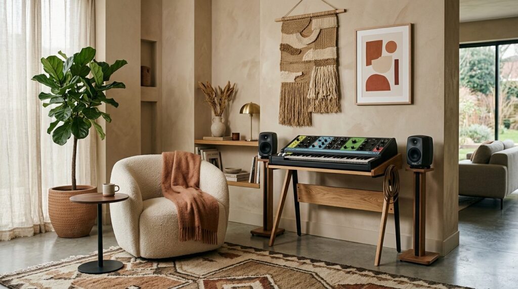 Stylish living room corner featuring a premium keyboard synt