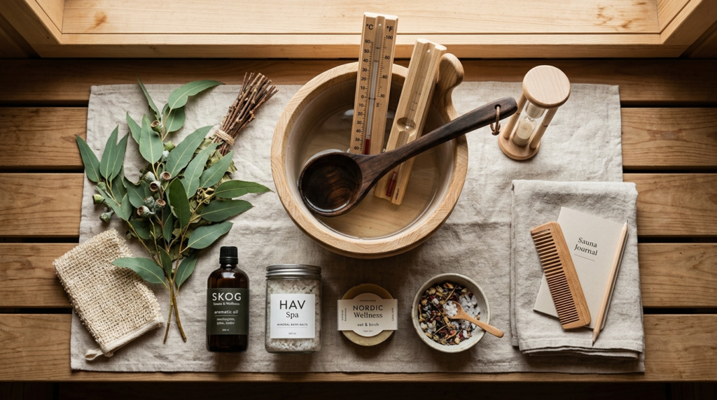 Sauna wellness lifestyle 2026 trend, flat lay composition of