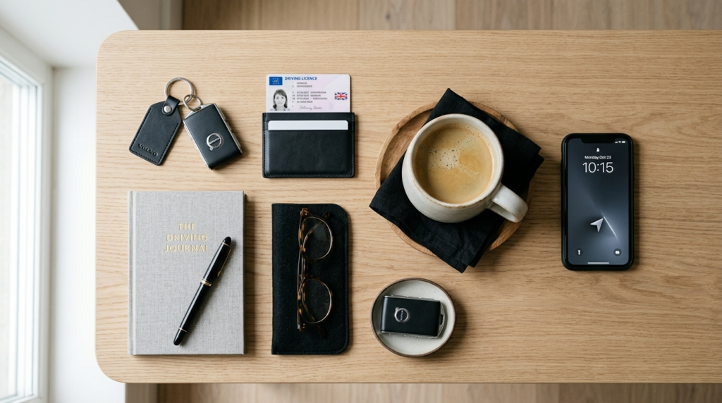 Overhead flat lay composition of driving essentials arranged