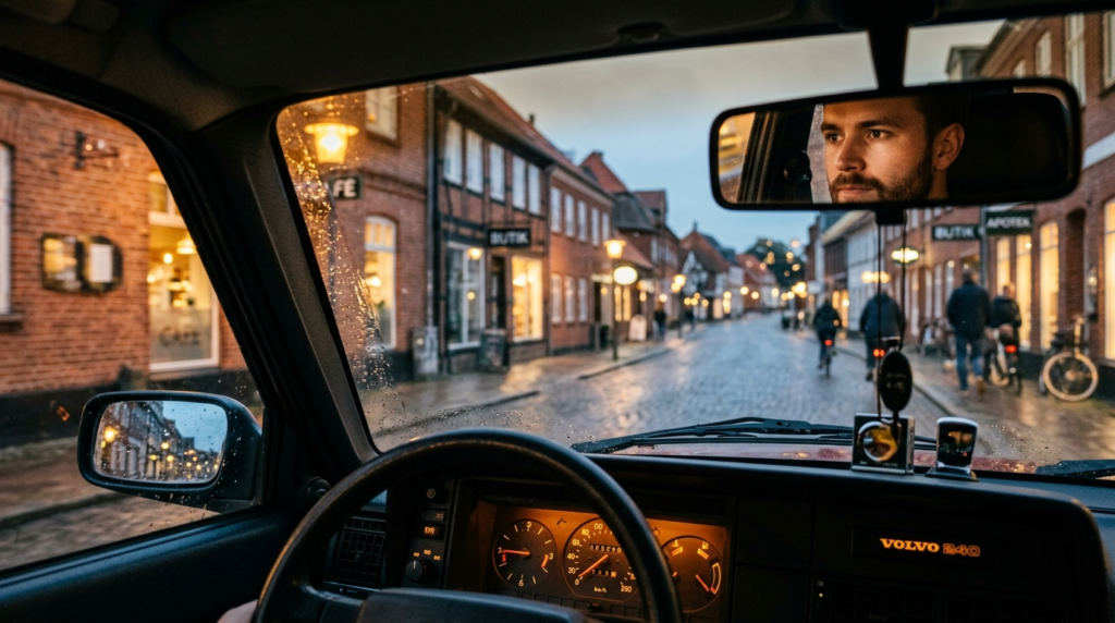 Cinematic shot of a young man driving through a picturesque