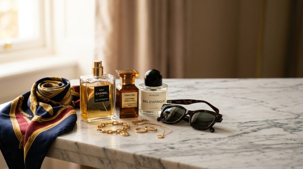 Close-up of luxury fragrance bottles arranged on marble surf