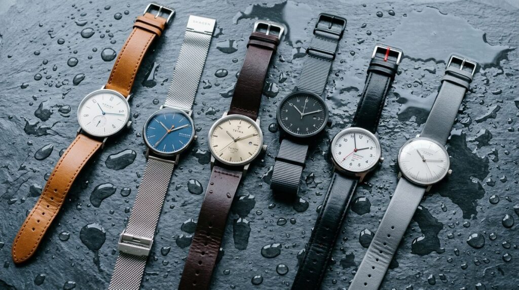Flat lay composition of multiple modern watches in various s
