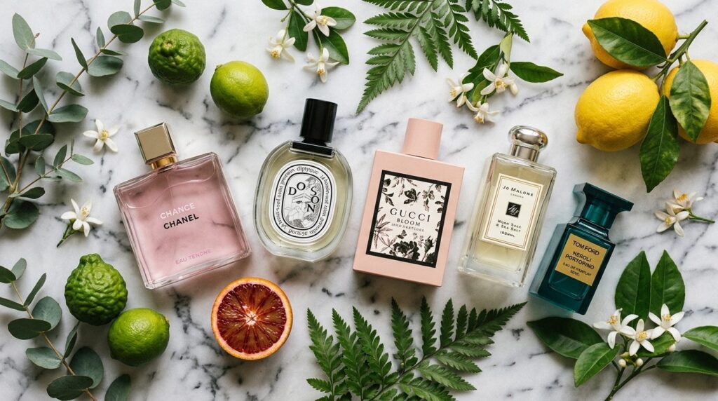 Close-up flatlay of luxury designer perfume bottles arranged