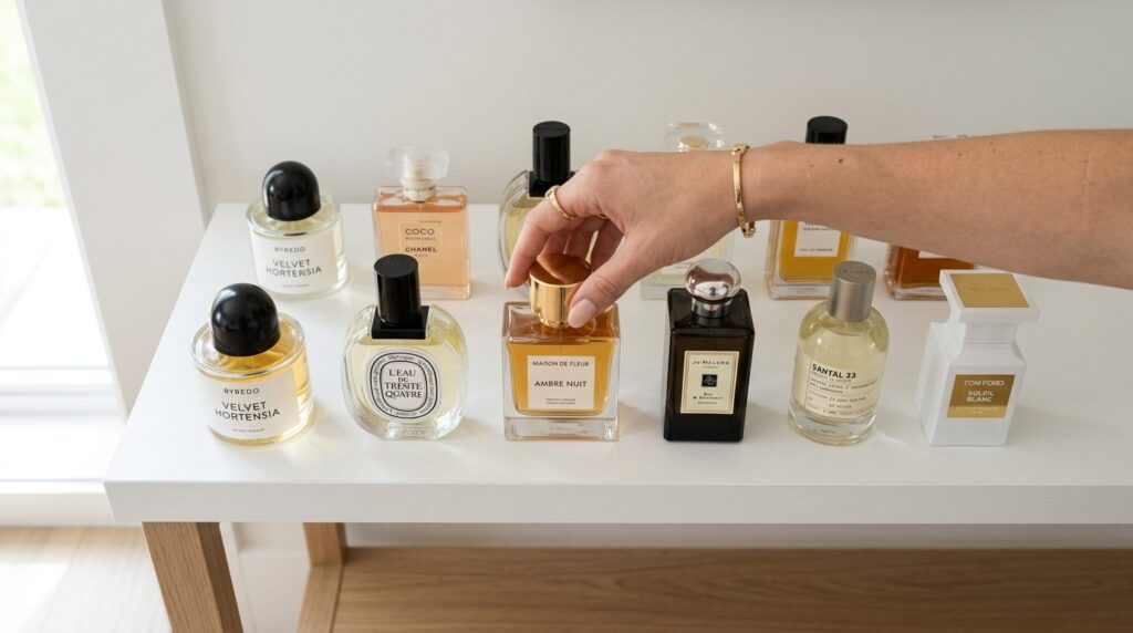 Overhead shot of a womans hand selecting a perfume bottle f