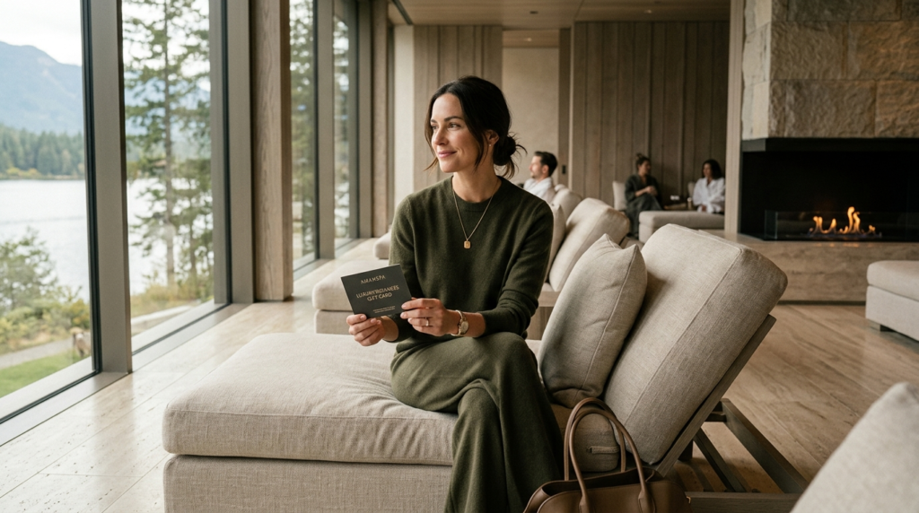Modern affluent woman in luxury wellness lounge, wearing pre