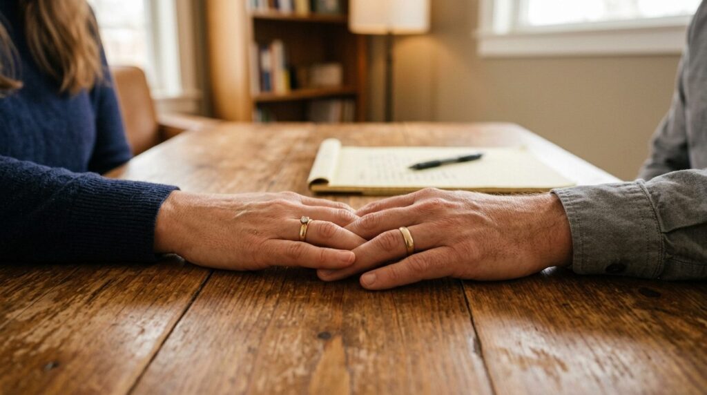 Close-up of two hands gently touching across a wooden table