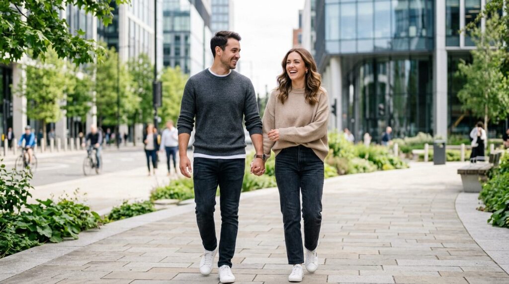 A stylish, engaged couple walking together through a modern