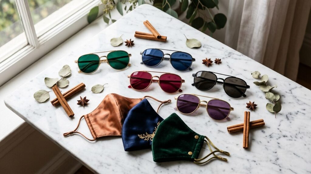 Flat lay luxury collection of modern protective eyewear and 