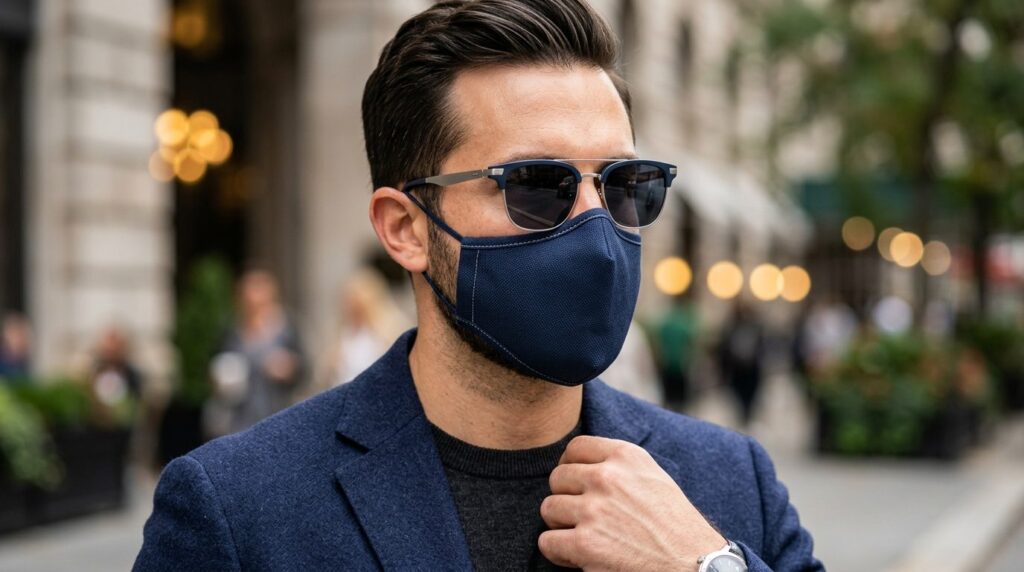 Close-up detail shot of a man wearing fashionable protective