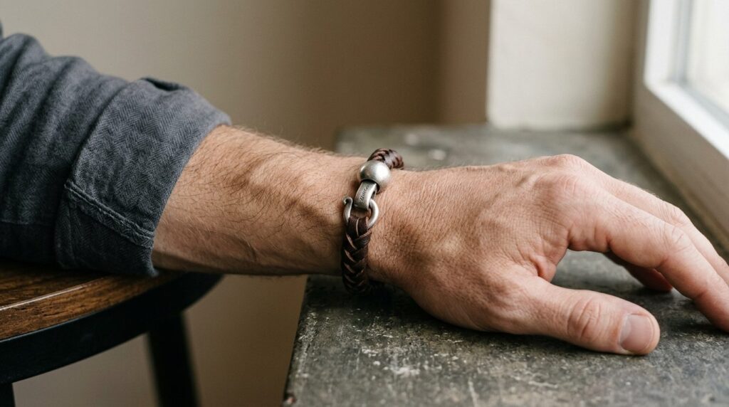 Close-up detail shot of a high-quality mens leather bracele