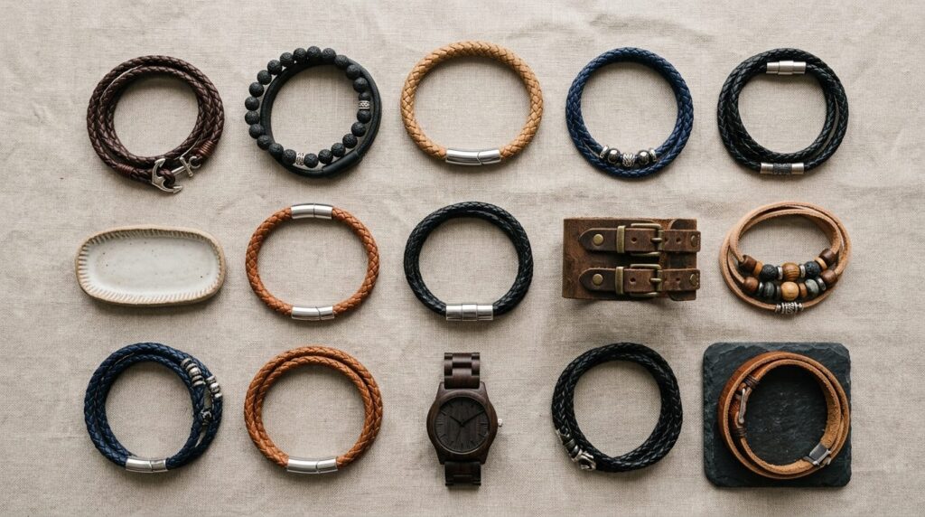 Flat lay arrangement of diverse mens leather bracelets in v