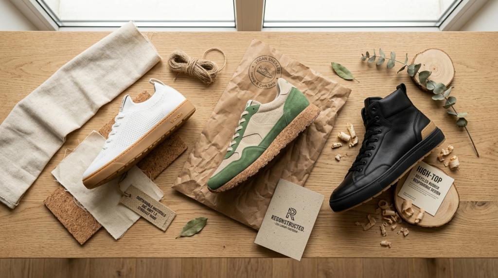 Flat lay arrangement of three different contemporary sneaker