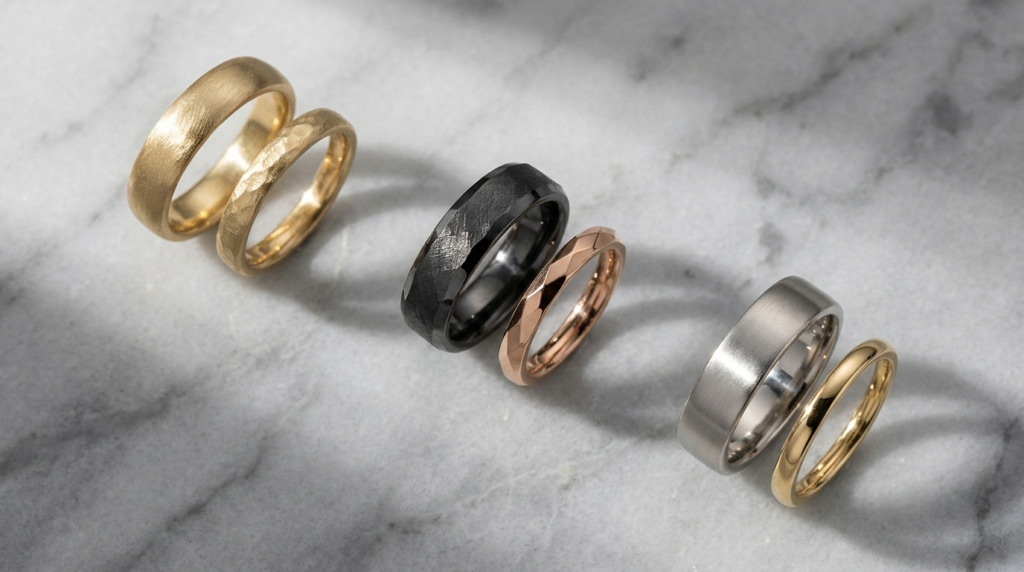 Close-up flat lay photography of three pairs of matching rin