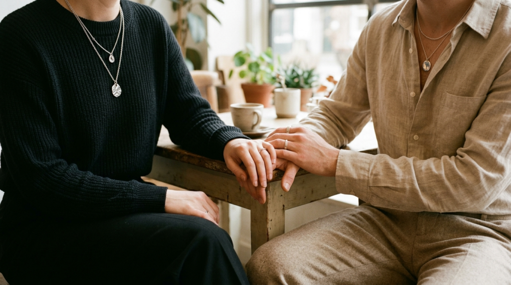 Lifestyle fashion photograph of a couples hands touching ge