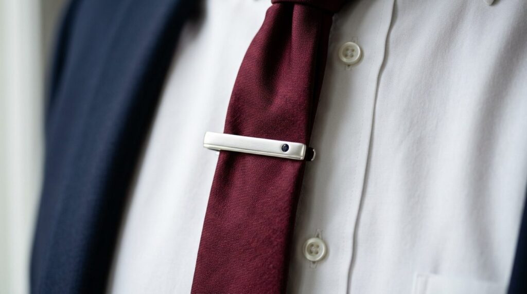Close-up detail shot of premium tie pin on burgundy silk tie