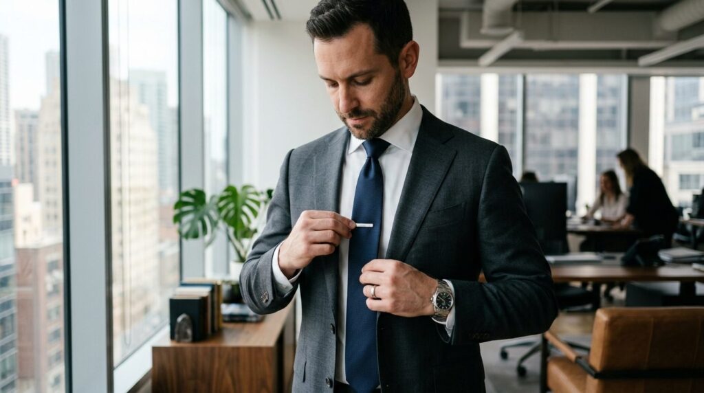 Modern businessman in charcoal gray suit adjusting stylish t