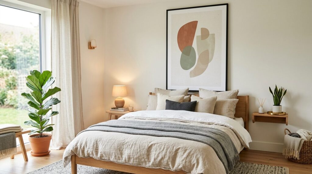 Styled bedroom interior featuring an oversized 100x140 cm po