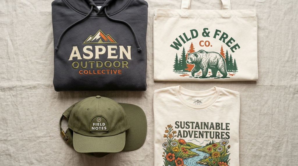 Flat lay composition of curated custom-printed merchandise c