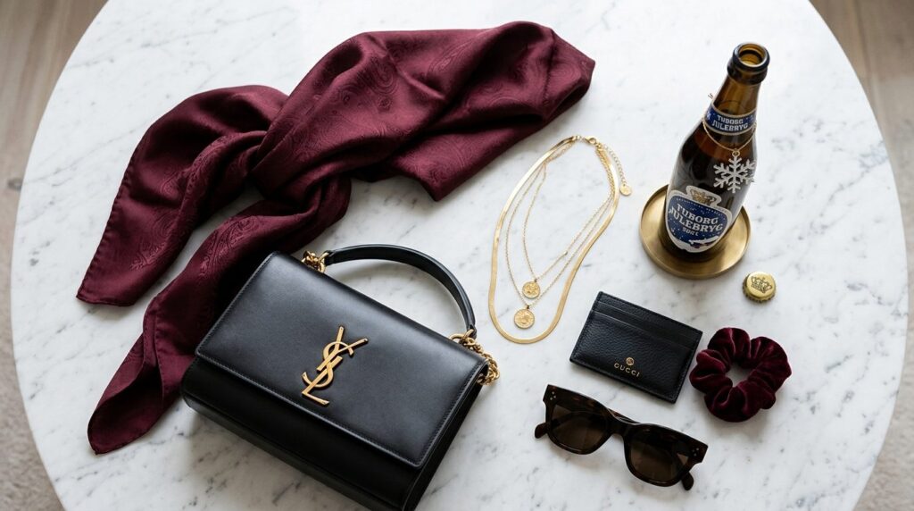 Flat lay styling shot: luxury fashion accessories arranged f