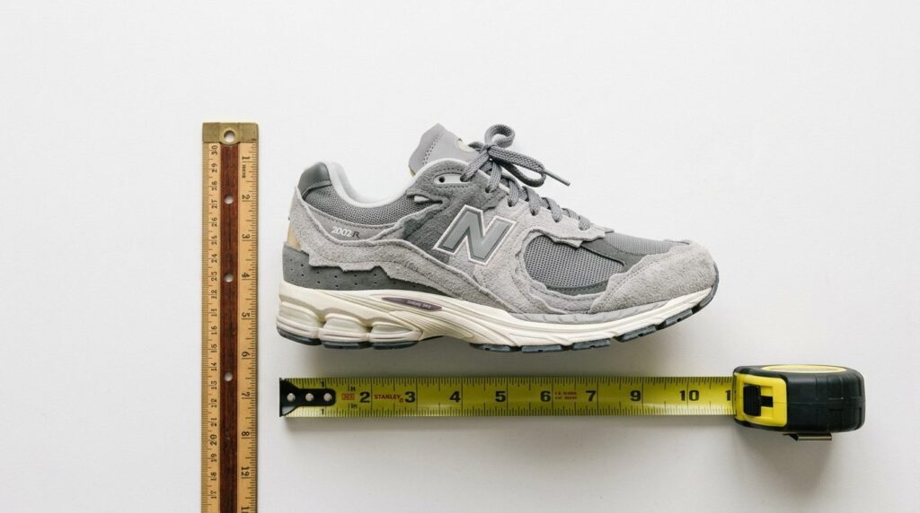 Close-up overhead flat lay of New Balance 2002R sneaker next
