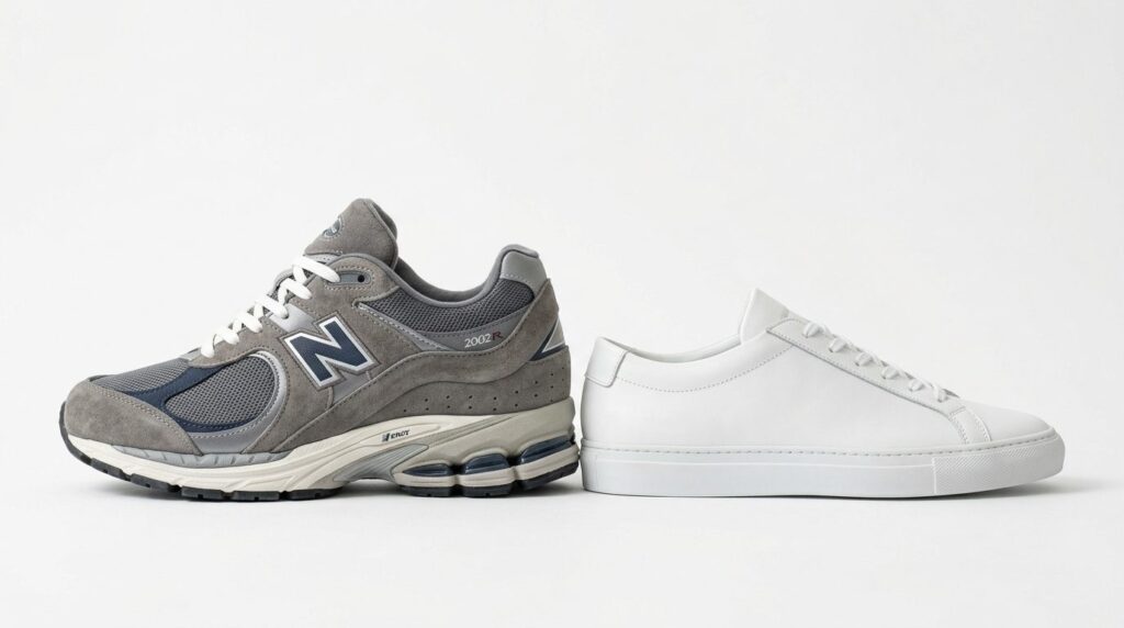 Side-by-side comparison of New Balance 2002R sneaker next to