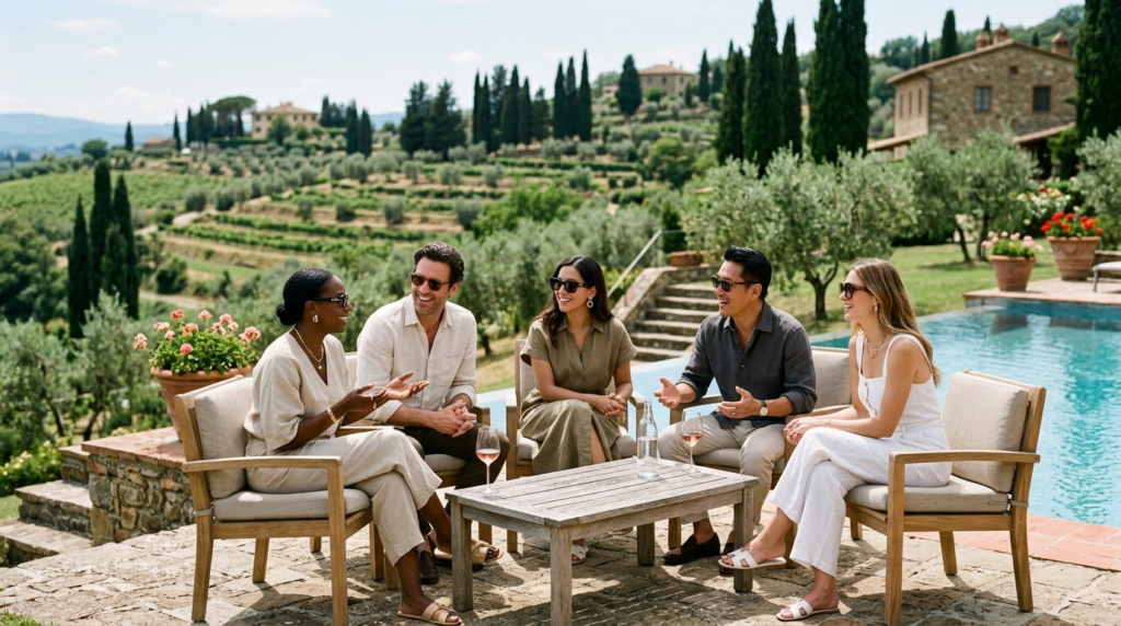 Sophisticated group of diverse adults in premium casual summ