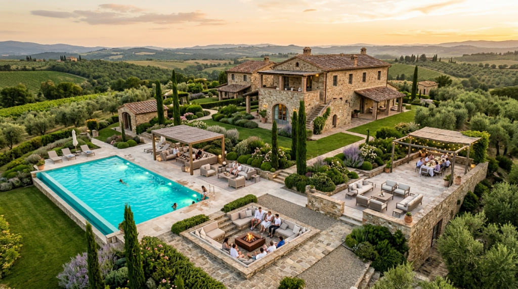 Aerial view of a curated Tuscan villa with turquoise heated