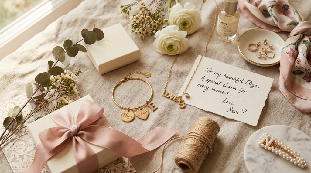 Flat lay composition of luxury personalized charm jewelry co