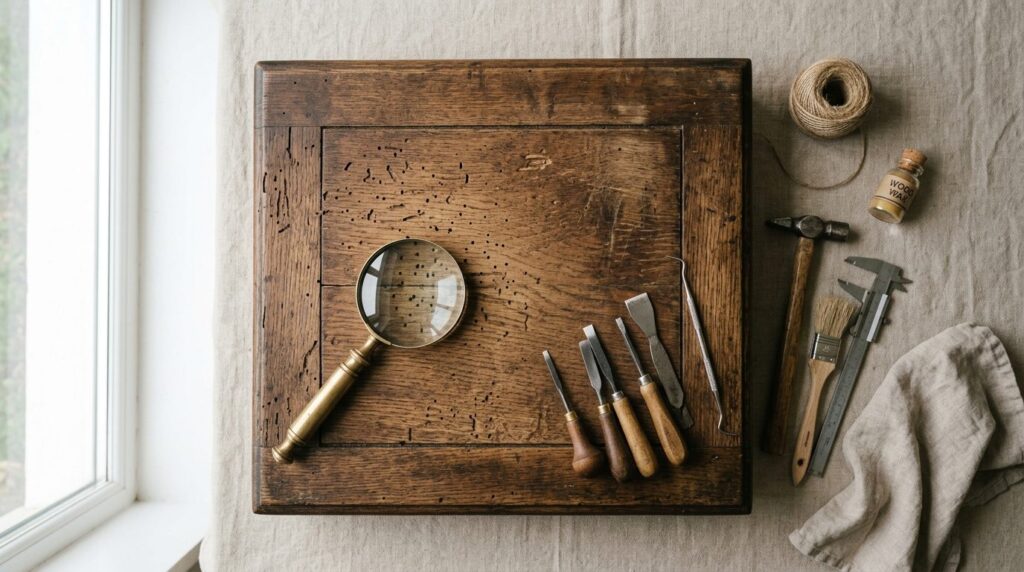 Styled flatlay of vintage wooden furniture piece with subtle