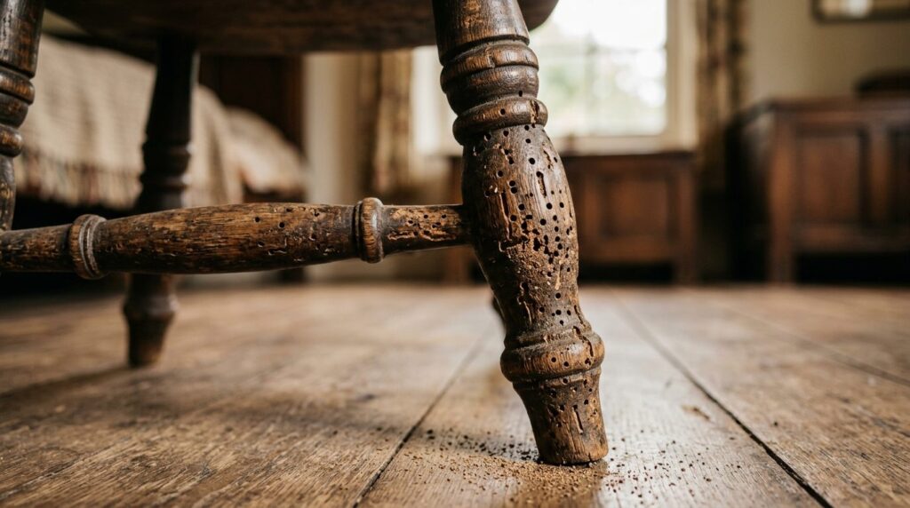 Detail shot of antique wooden chair leg showing woodworm exi