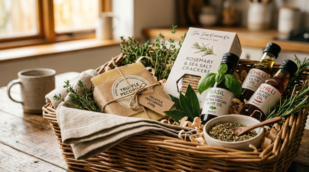 Close-up detail shot of carefully arranged gourmet food gift