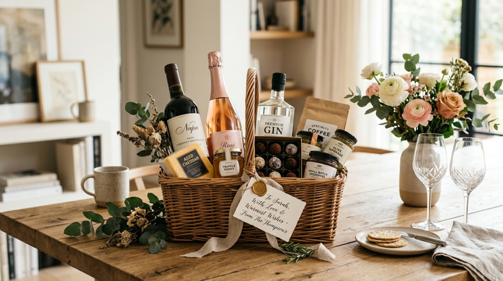 Full view of a styled gift basket presentation on a modern w