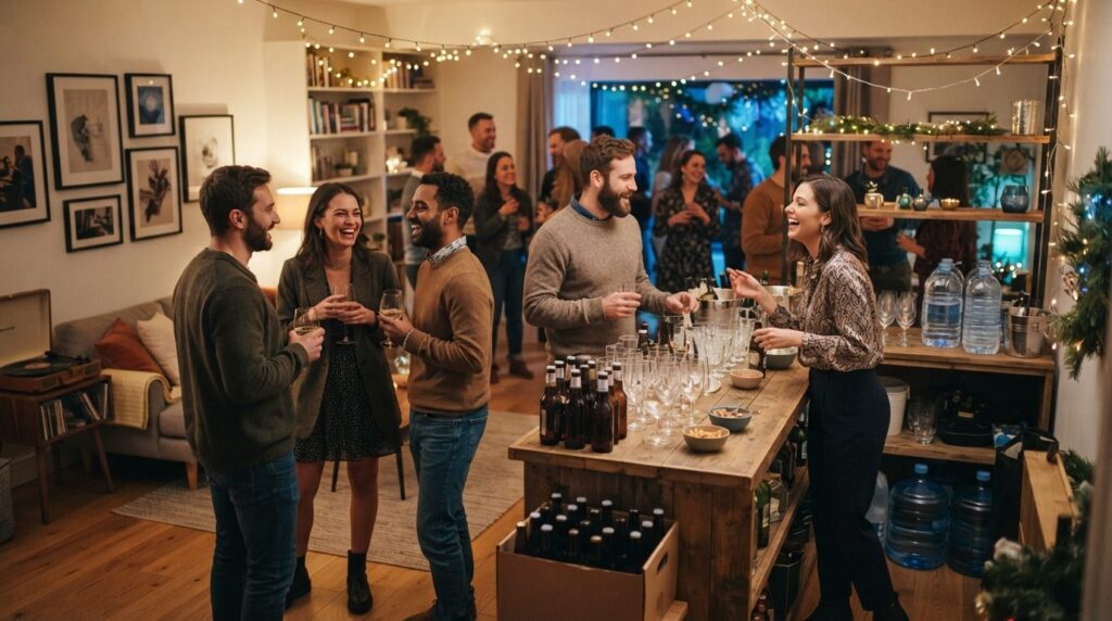 Candid lifestyle photograph of a stylish home party scene wi