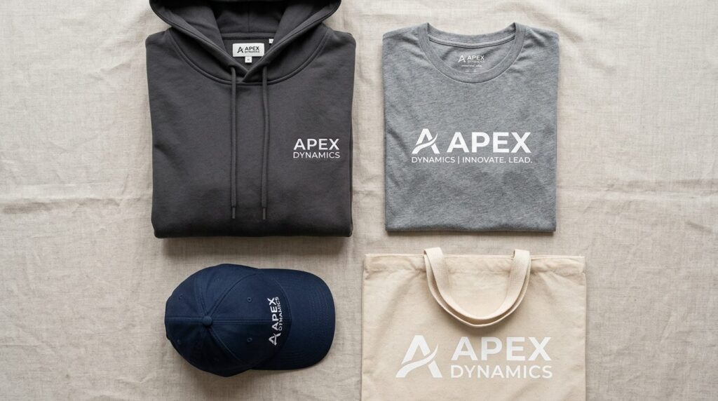 Close-up flat lay of premium corporate merchandise items arr