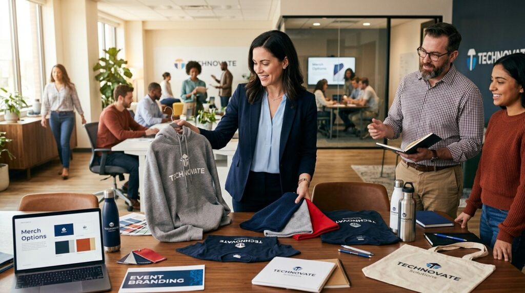 Business team leader selecting branded merchandise options w