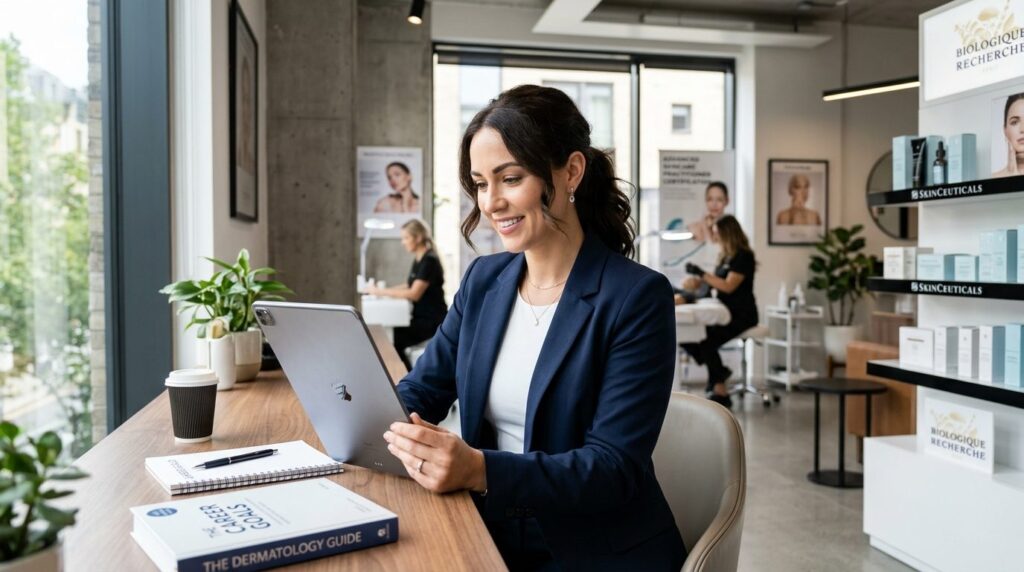 Woman in professional beauty clinic setting reviewing skinca