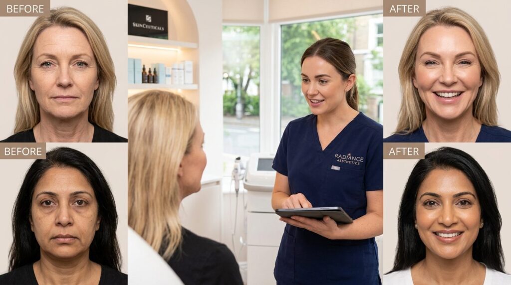 Beauty therapist with clients showing visible skin lifting r