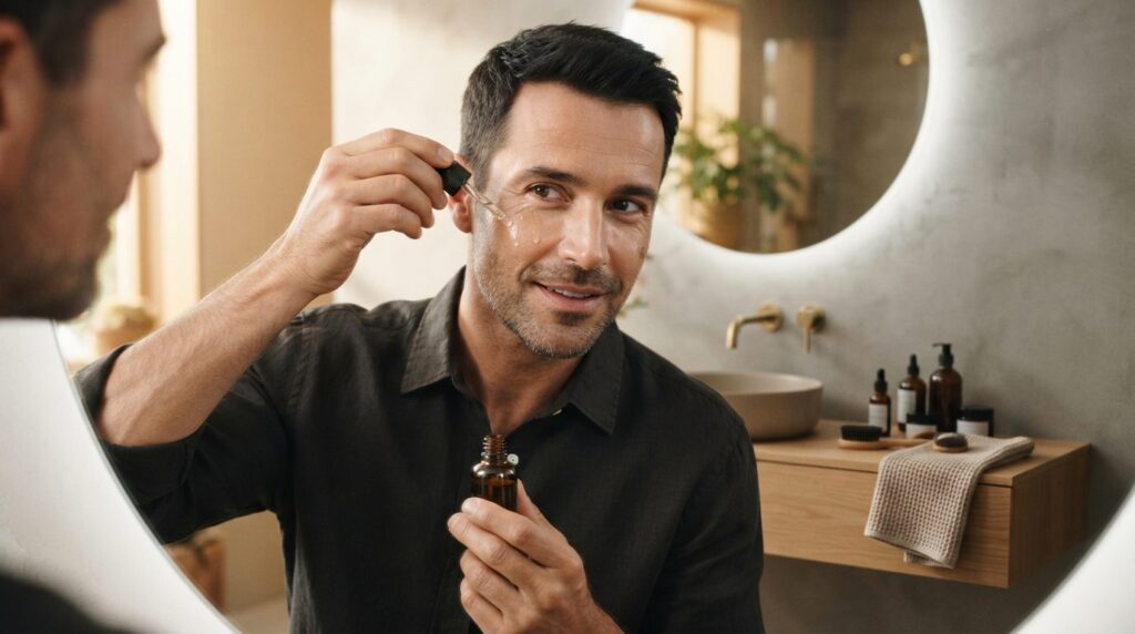 Close-up portrait of a confident man applying peptide serum
