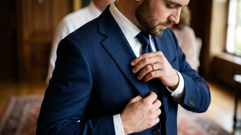 Close-up photorealistic detail shot of a groom adjusting a c