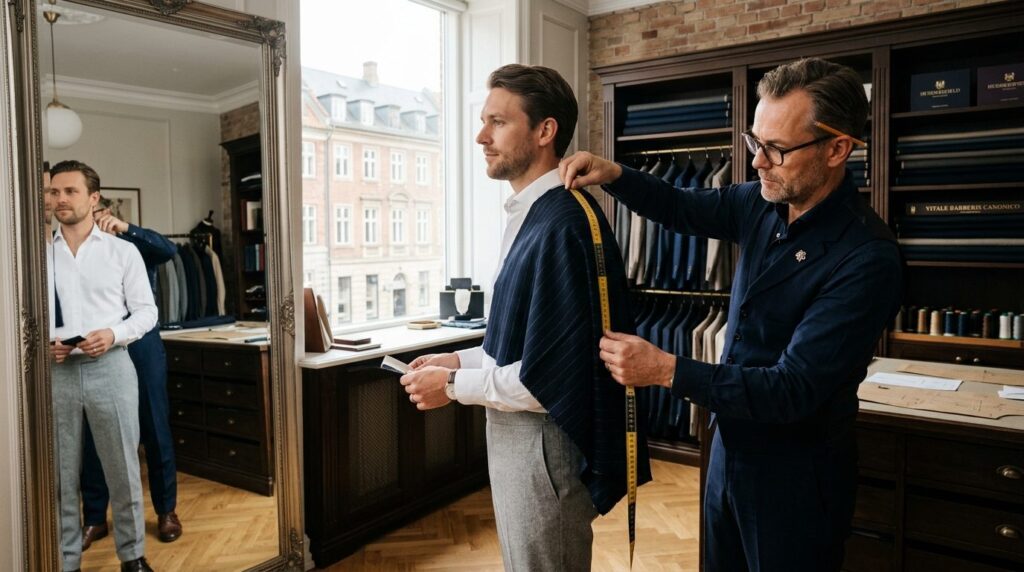 Photorealistic image of a tailor measuring a groom for a bes