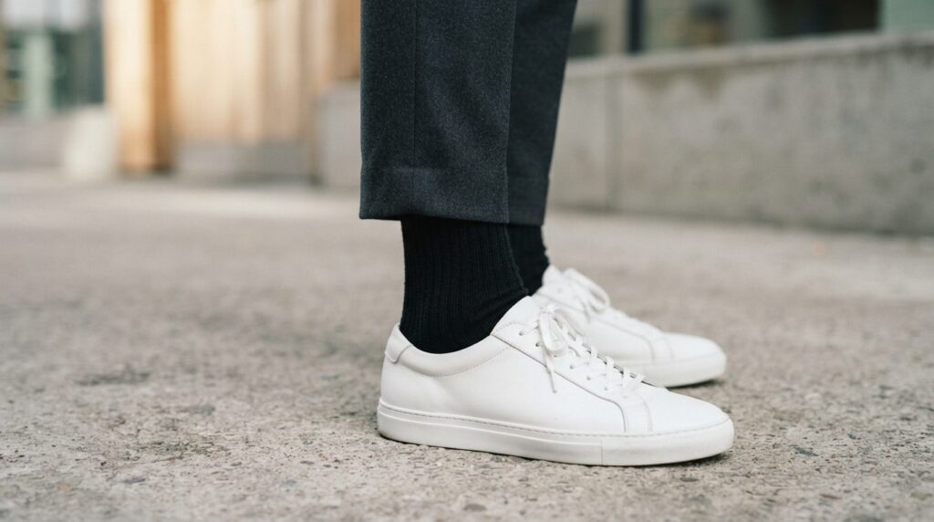 Fashion lifestyle photography, close-up detail of black sock