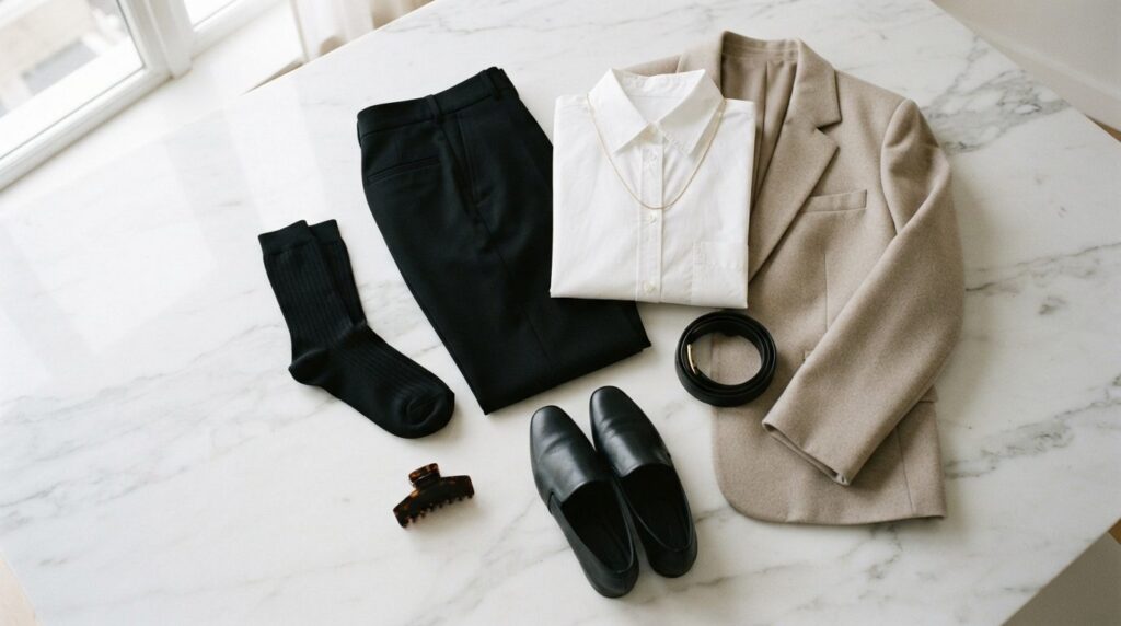 Editorial fashion photography, curated capsule wardrobe scen