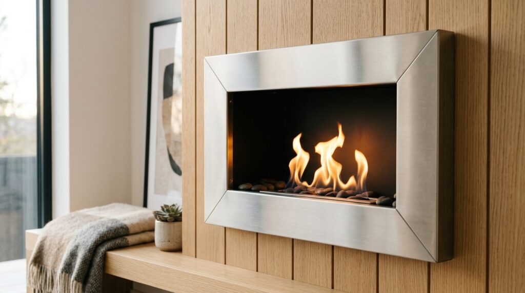Close-up detail of a minimalist wall-mounted bioethanol fire