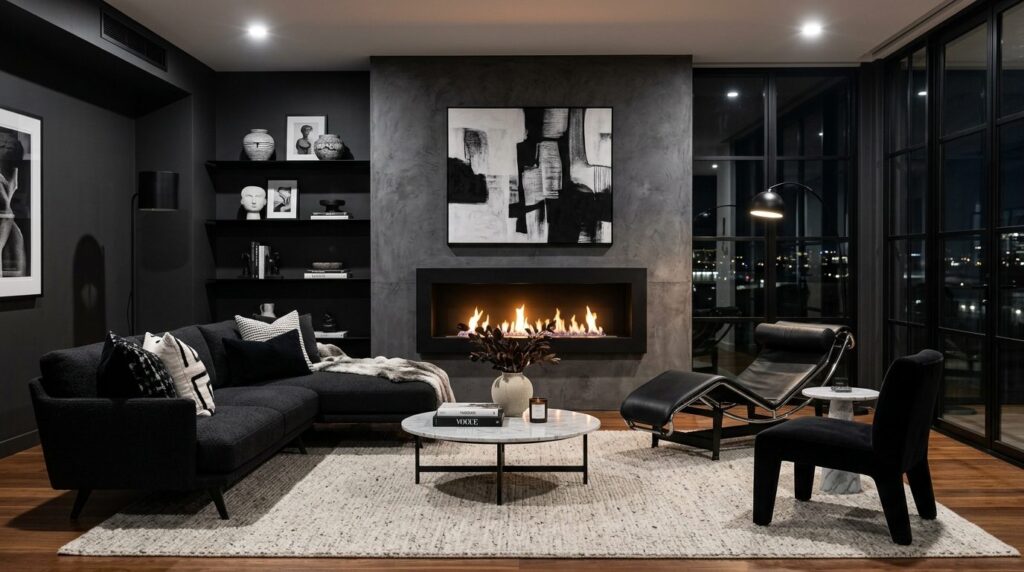 Stylish contemporary lounge with wall-mounted bioethanol fir